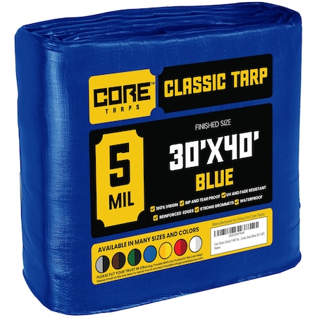 Core Tarps Heavy Duty Tarp, 40 ft L x 0.5 mm H x 30 ft W, 5 Mil, Blue, Polyethylene CT-505-30X40